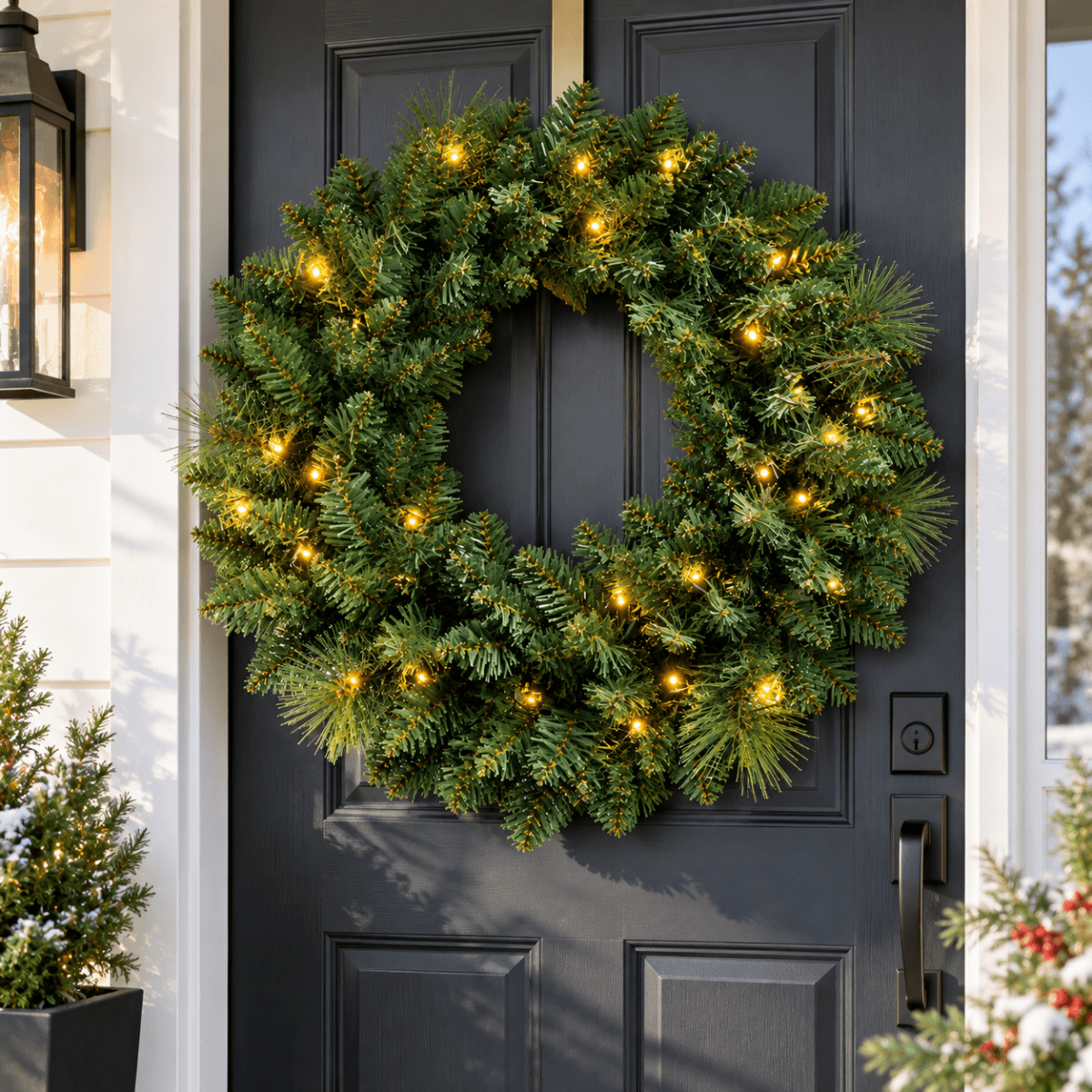Artificial Christmas Wreath - Realistic PVC Foliage Wreath with Pre-Lit LED Lights for Festive Home & Door Decoration