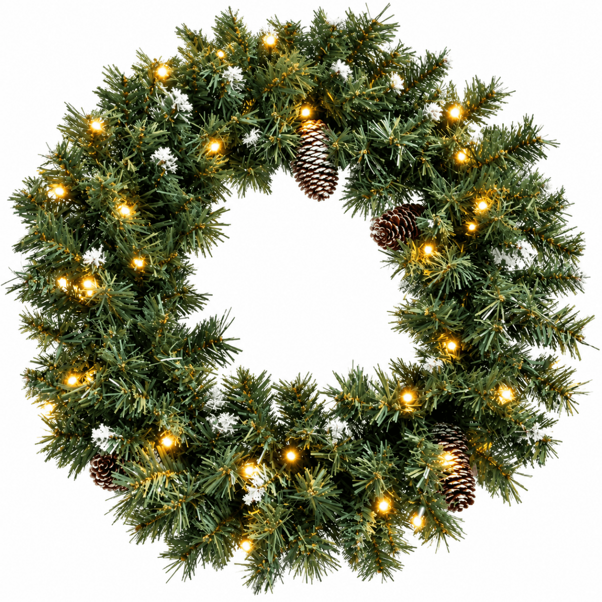 Realistic Christmas Wreath with Pine Cones - Full PVC Foliage Wreath with Pre-Lit LED Lights for Festive Door & Home Decoration