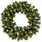 Realistic Christmas Wreath with Pine Cones - Full PVC Foliage Wreath with Pre-Lit LED Lights for Festive Door & Home Decoration