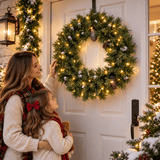 Realistic Christmas Wreath with Pine Cones - Full PVC Foliage Wreath with Pre-Lit LED Lights for Festive Door & Home Decoration
