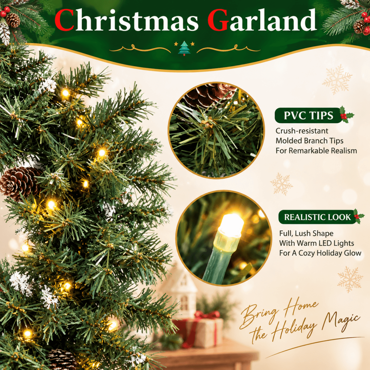 Realistic Christmas Wreath with Pine Cones - Full PVC Foliage Wreath with Pre-Lit LED Lights for Festive Door & Home Decoration