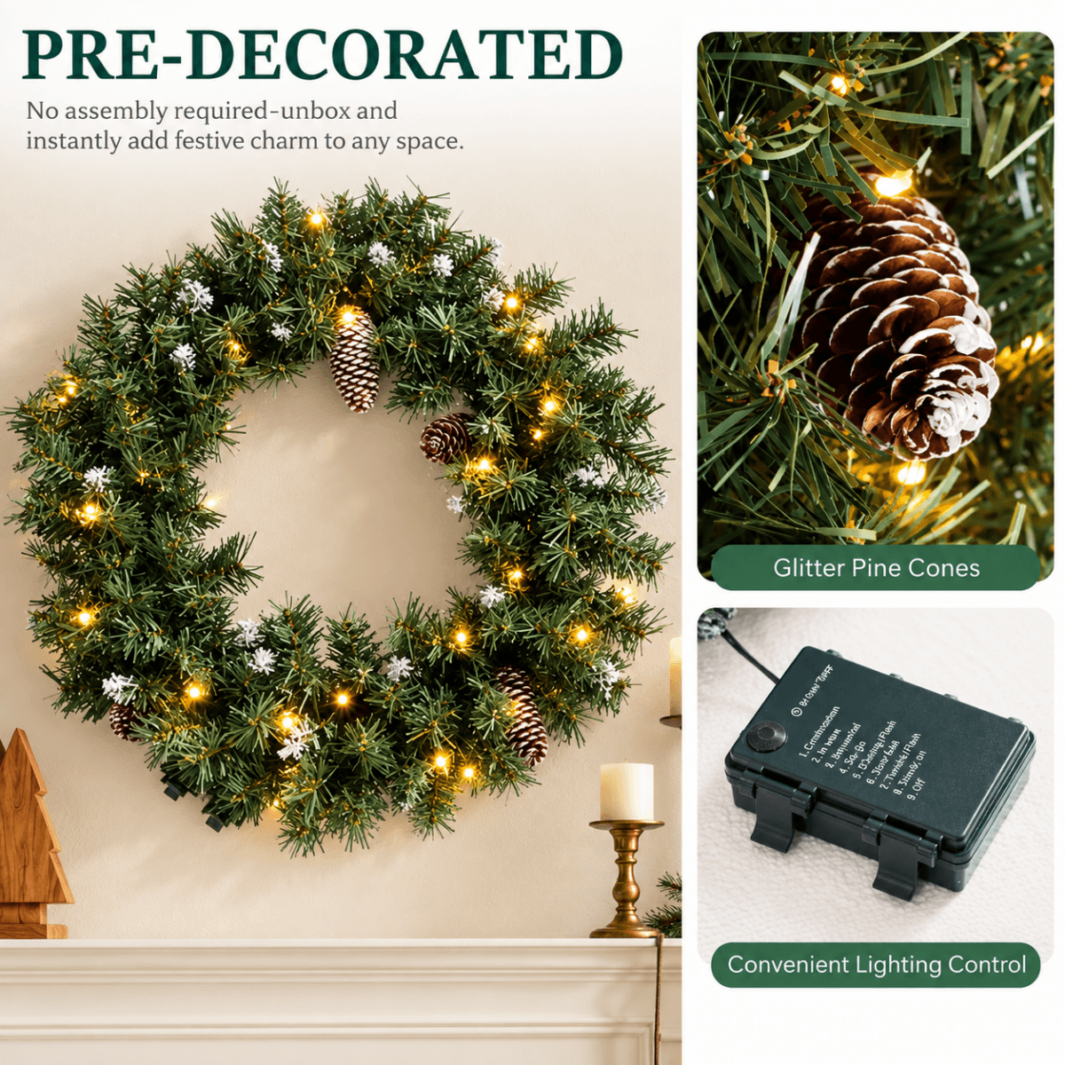 Realistic Christmas Wreath with Pine Cones - Full PVC Foliage Wreath with Pre-Lit LED Lights for Festive Door & Home Decoration