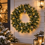 Realistic Christmas Wreath with Pine Cones - Full PVC Foliage Wreath with Pre-Lit LED Lights for Festive Door & Home Decoration
