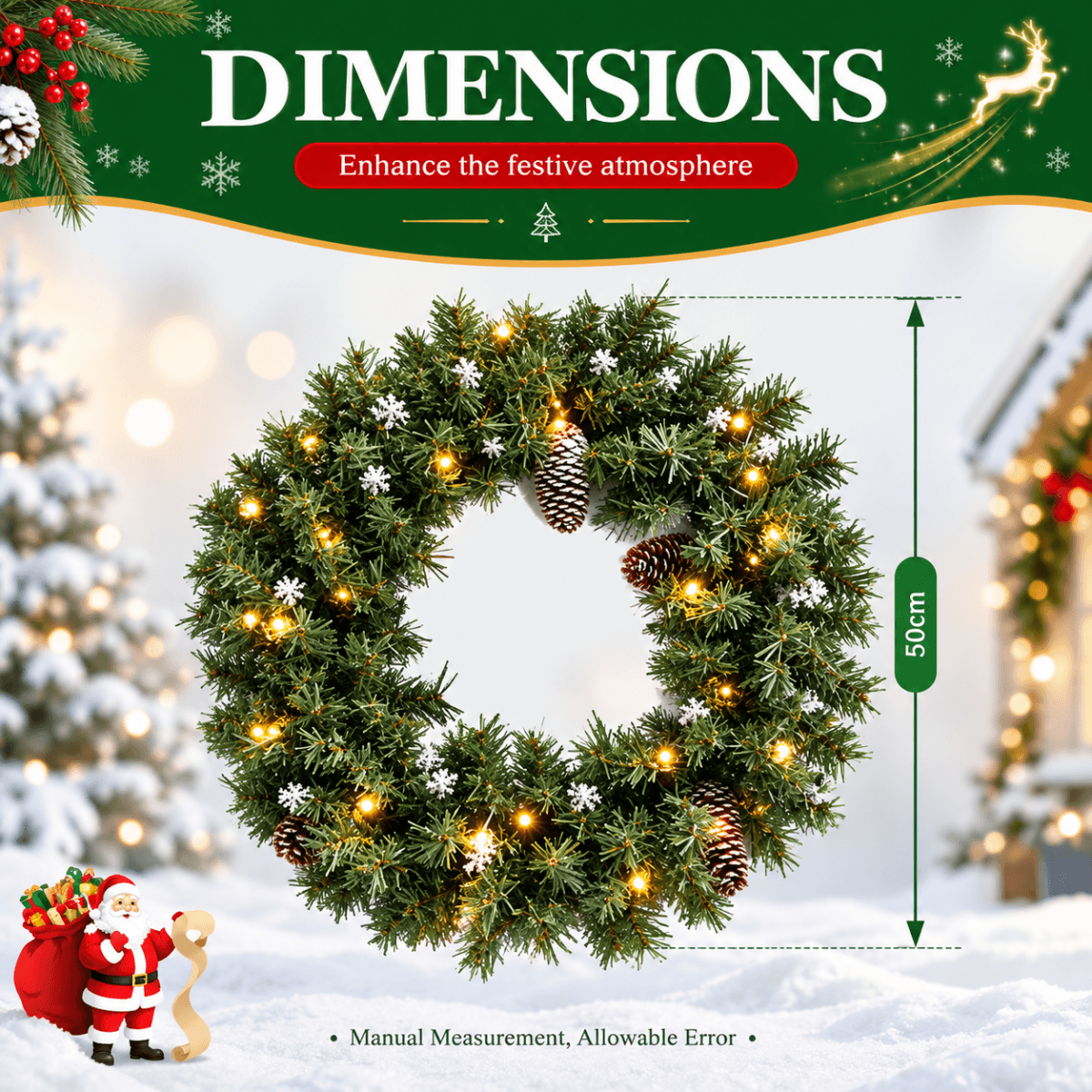 Realistic Christmas Wreath with Pine Cones - Full PVC Foliage Wreath with Pre-Lit LED Lights for Festive Door & Home Decoration