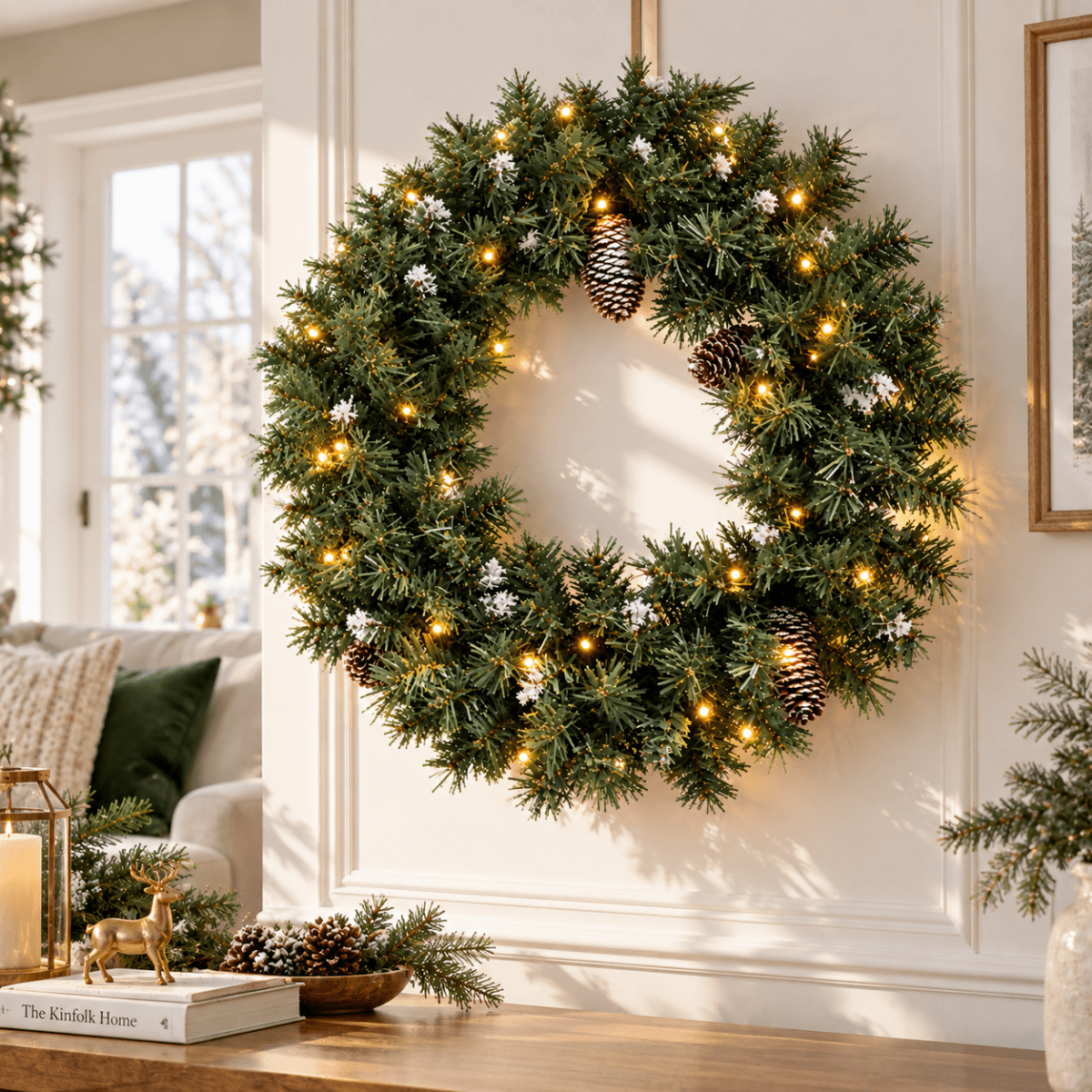 Realistic Christmas Wreath with Pine Cones - Full PVC Foliage Wreath with Pre-Lit LED Lights for Festive Door & Home Decoration