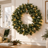 Realistic Christmas Wreath with Pine Cones - Full PVC Foliage Wreath with Pre-Lit LED Lights for Festive Door & Home Decoration