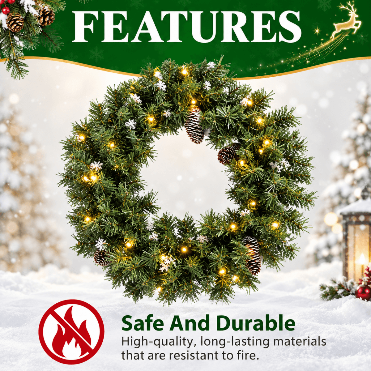 Realistic Christmas Wreath with Pine Cones - Full PVC Foliage Wreath with Pre-Lit LED Lights for Festive Door & Home Decoration