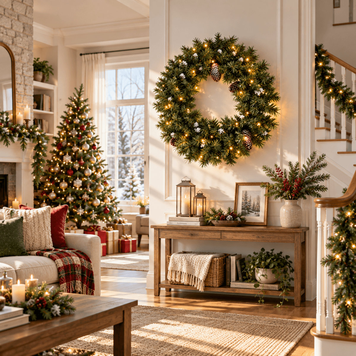 Realistic Christmas Wreath with Pine Cones - Full PVC Foliage Wreath with Pre-Lit LED Lights for Festive Door & Home Decoration