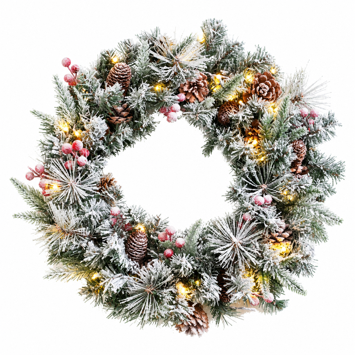 Snow-Flocked Christmas Wreath with Pine Cones & Red Berries - PVC Wreath with Pre-Lit LED Lights