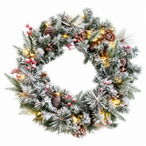 Snow-Flocked Christmas Wreath with Pine Cones & Red Berries - PVC Wreath with Pre-Lit LED Lights