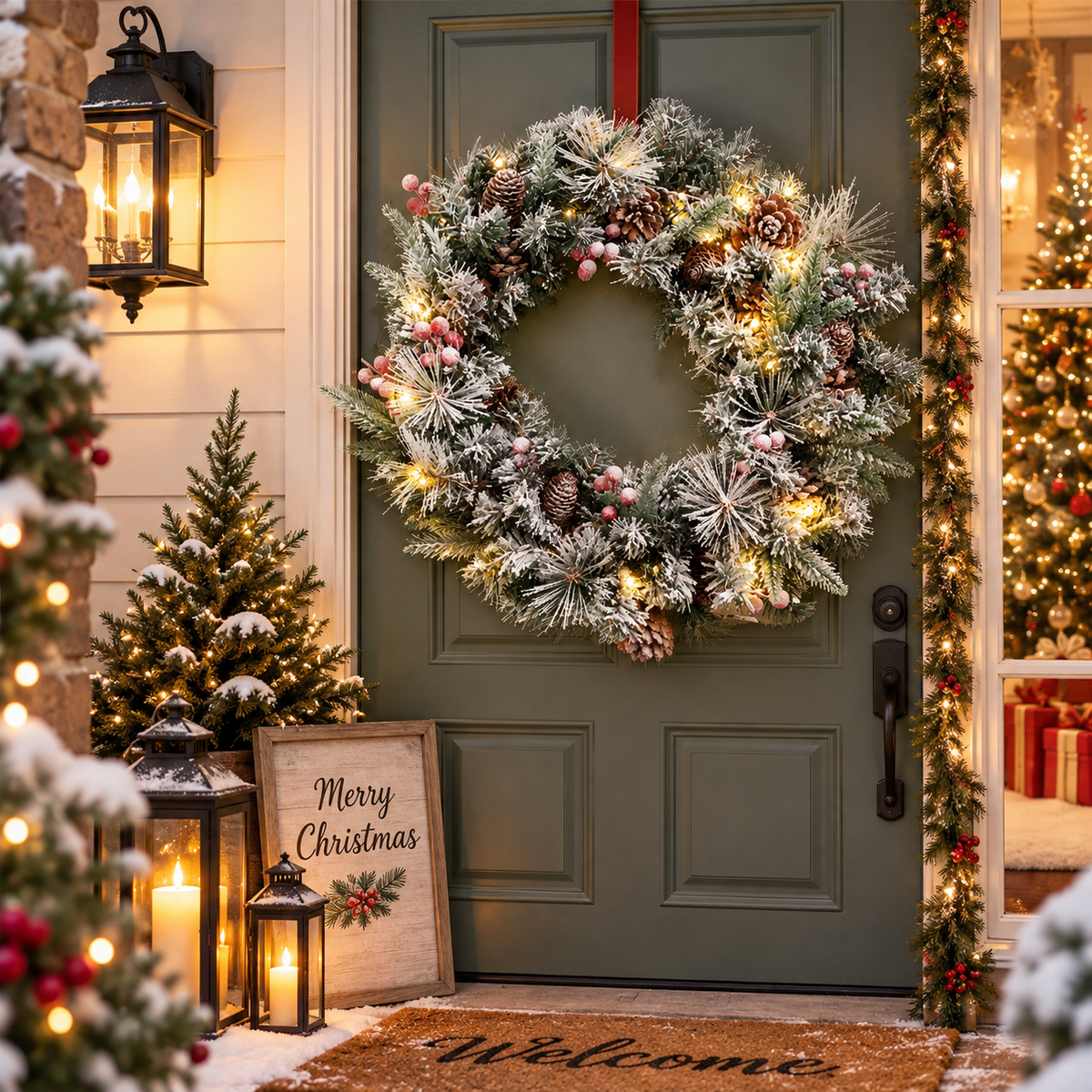 Snow-Flocked Christmas Wreath with Pine Cones & Red Berries - PVC Wreath with Pre-Lit LED Lights