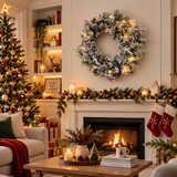 Snow-Flocked Christmas Wreath with Pine Cones & Red Berries - PVC Wreath with Pre-Lit LED Lights