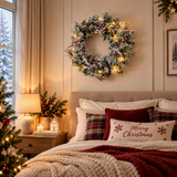 Snow-Flocked Christmas Wreath with Pine Cones & Red Berries - PVC Wreath with Pre-Lit LED Lights