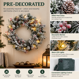 Snow-Flocked Christmas Wreath with Pine Cones & Red Berries - PVC Wreath with Pre-Lit LED Lights