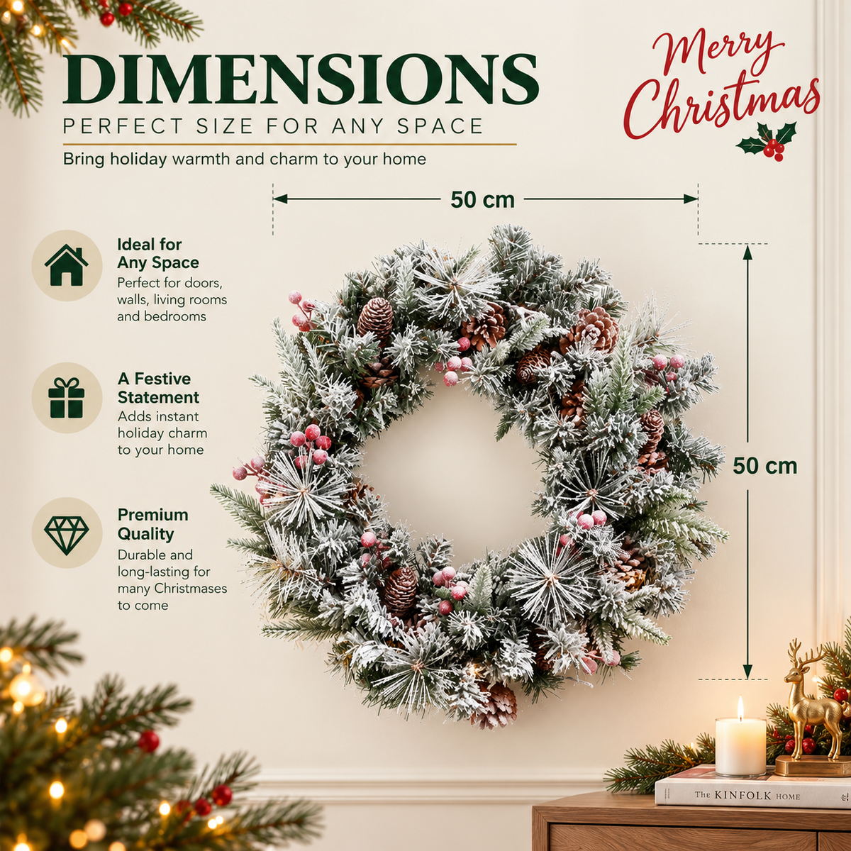 Snow-Flocked Christmas Wreath with Pine Cones & Red Berries - PVC Wreath with Pre-Lit LED Lights
