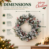 Snow-Flocked Christmas Wreath with Pine Cones & Red Berries - PVC Wreath with Pre-Lit LED Lights