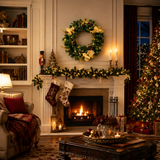 Christmas Wreath with Gold Flowers & Red Berries - PVC Wreath with Pre-Lit LED Lights & Gold Branches