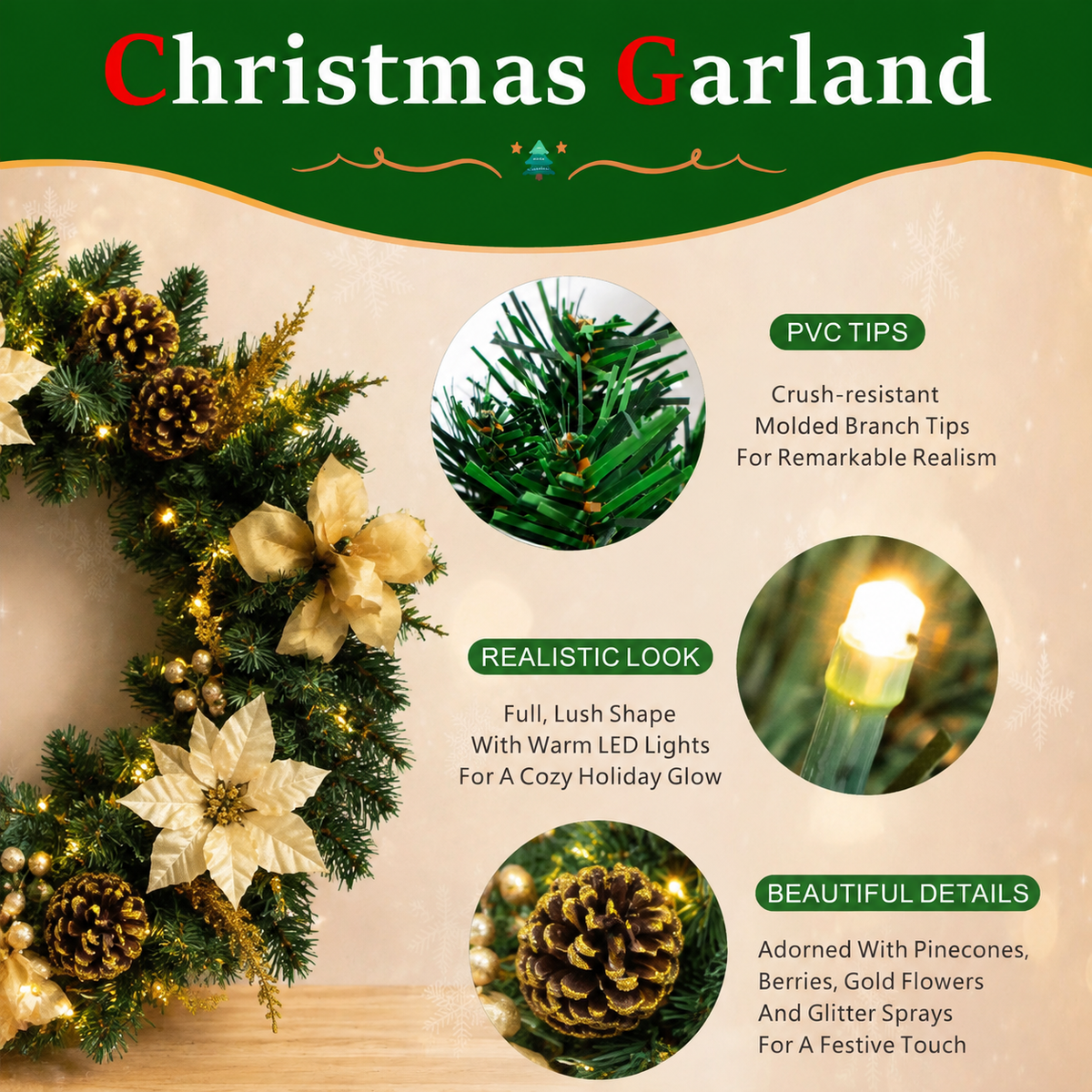 Christmas Wreath with Gold Flowers & Red Berries - PVC Wreath with Pre-Lit LED Lights & Gold Branches