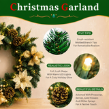 Christmas Wreath with Gold Flowers & Red Berries - PVC Wreath with Pre-Lit LED Lights & Gold Branches