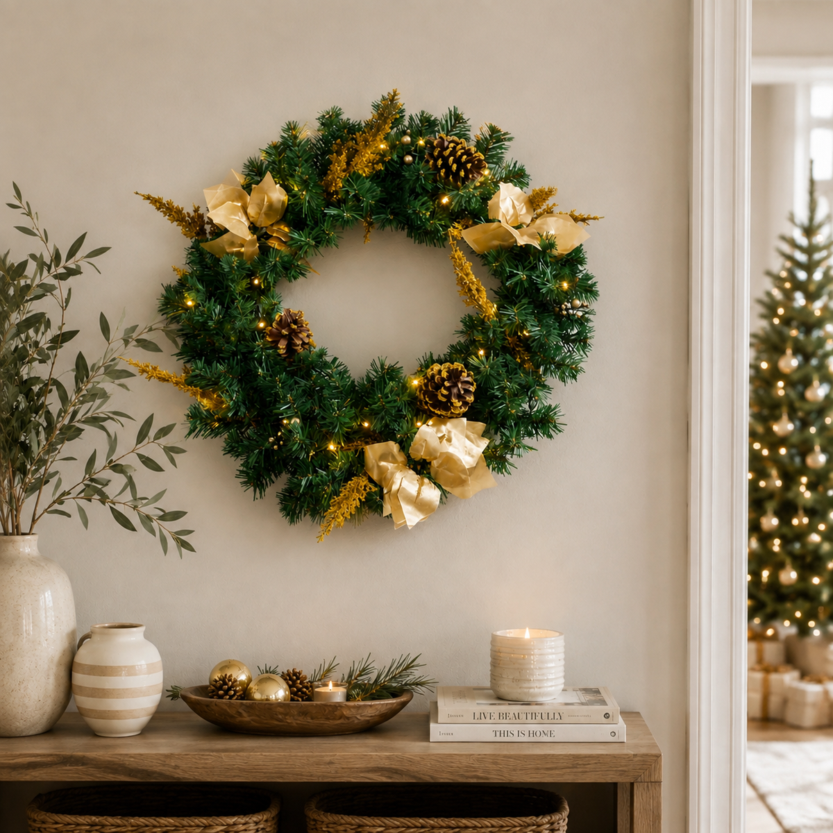 Christmas Wreath with Gold Flowers & Red Berries - PVC Wreath with Pre-Lit LED Lights & Gold Branches
