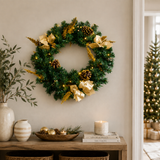 Christmas Wreath with Gold Flowers & Red Berries - PVC Wreath with Pre-Lit LED Lights & Gold Branches