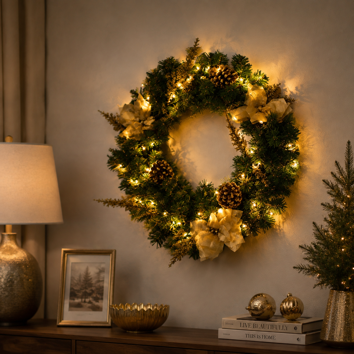 Christmas Wreath with Gold Flowers & Red Berries - PVC Wreath with Pre-Lit LED Lights & Gold Branches