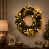 Christmas Wreath with Gold Flowers & Red Berries - PVC Wreath with Pre-Lit LED Lights & Gold Branches
