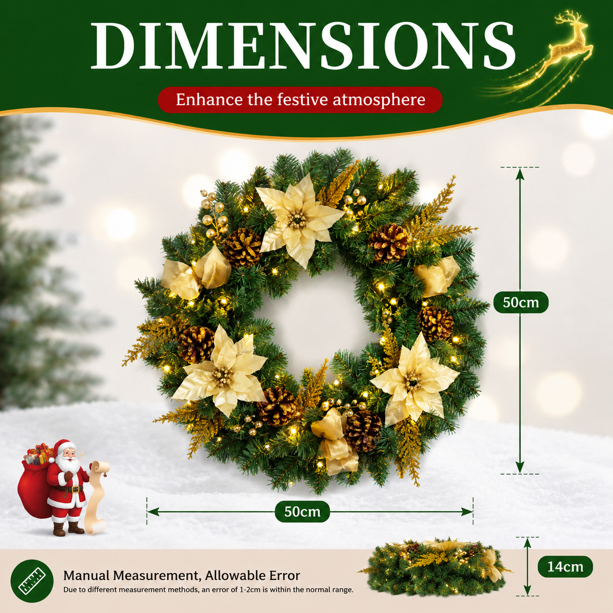 Christmas Wreath with Gold Flowers & Red Berries - PVC Wreath with Pre-Lit LED Lights & Gold Branches
