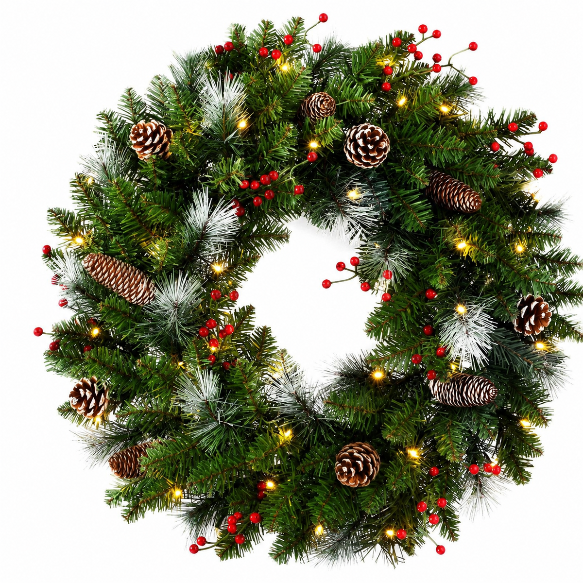 PVC & PE Christmas Garland with Red Berries & Pine Cones - Realistic Evergreen Foliage