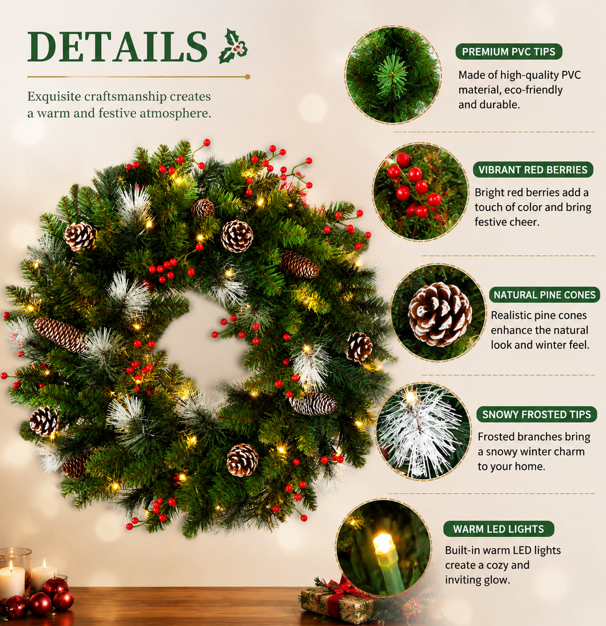 PVC & PE Christmas Garland with Red Berries & Pine Cones - Realistic Evergreen Foliage