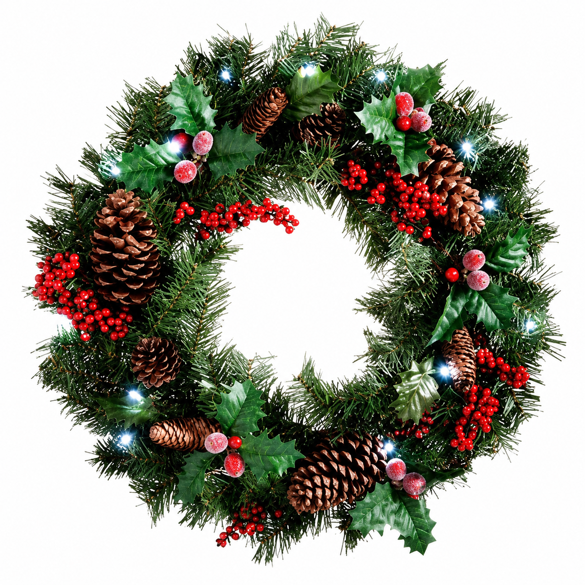 PVC & PE Evergreen Christmas Wreath with Red Berry Clusters & Pine Cones