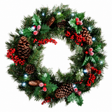 PVC & PE Evergreen Christmas Wreath with Red Berry Clusters & Pine Cones