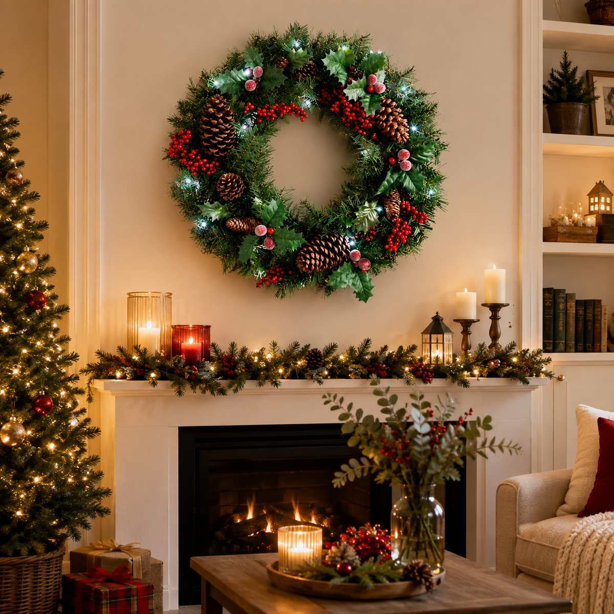 PVC & PE Evergreen Christmas Wreath with Red Berry Clusters & Pine Cones
