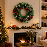 PVC & PE Evergreen Christmas Wreath with Red Berry Clusters & Pine Cones