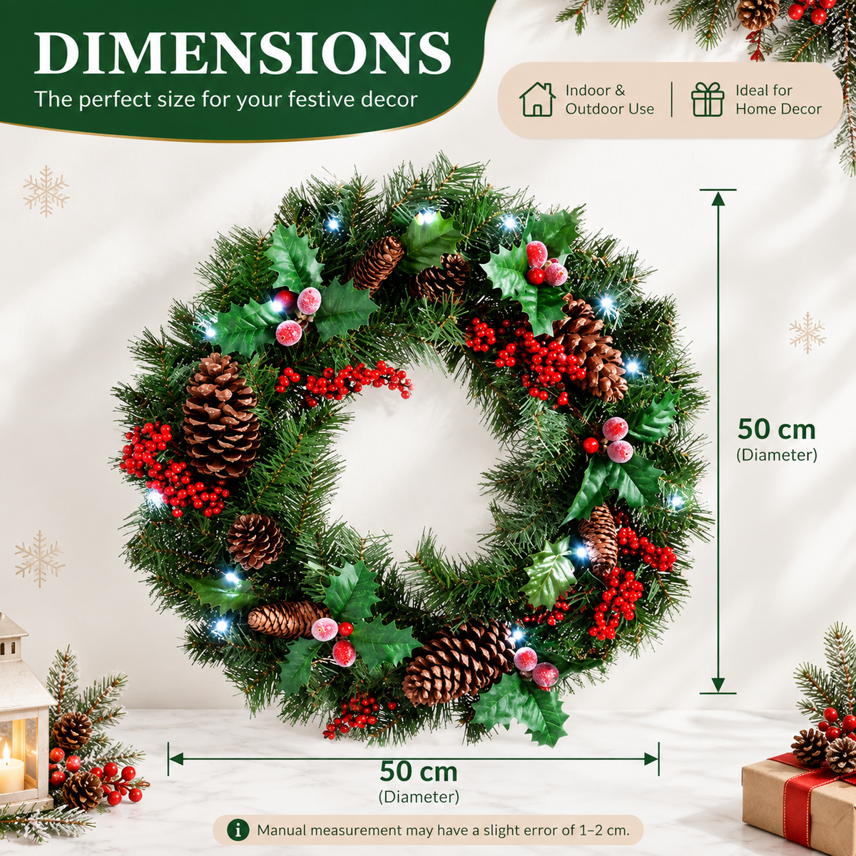 PVC & PE Evergreen Christmas Wreath with Red Berry Clusters & Pine Cones