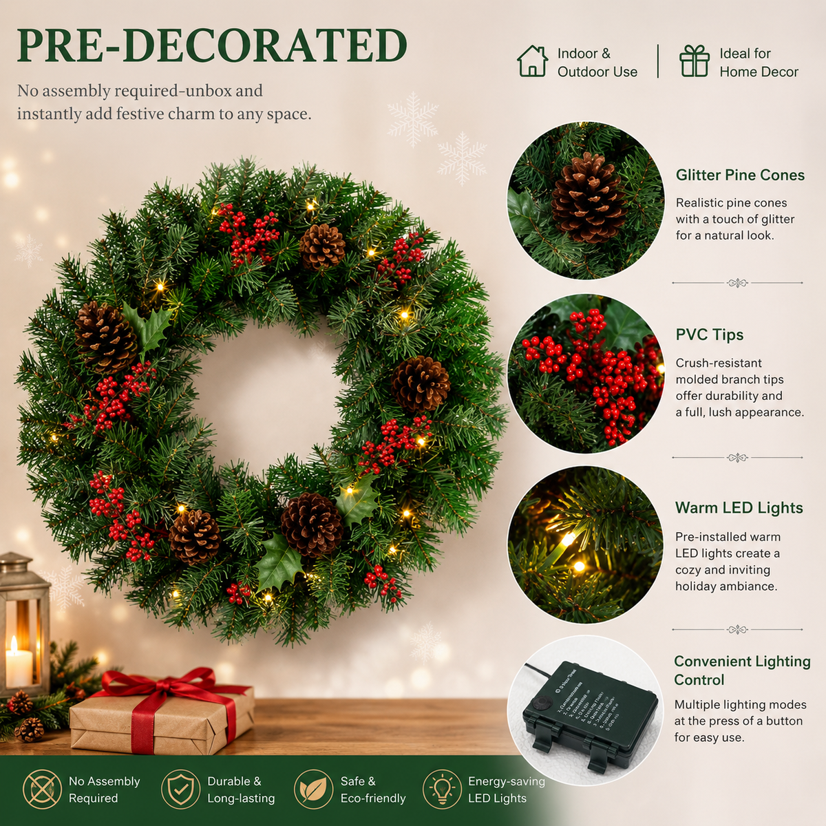 PVC & PE Evergreen Christmas Wreath with Red Berry Clusters & Pine Cones