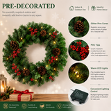 PVC & PE Evergreen Christmas Wreath with Red Berry Clusters & Pine Cones