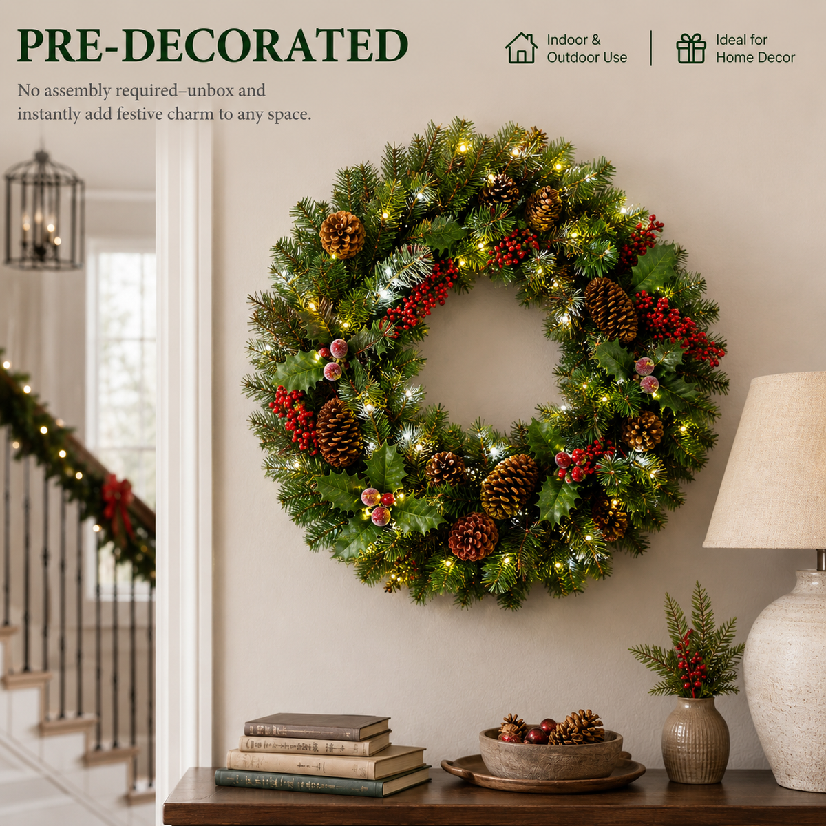 PVC & PE Evergreen Christmas Wreath with Red Berry Clusters & Pine Cones