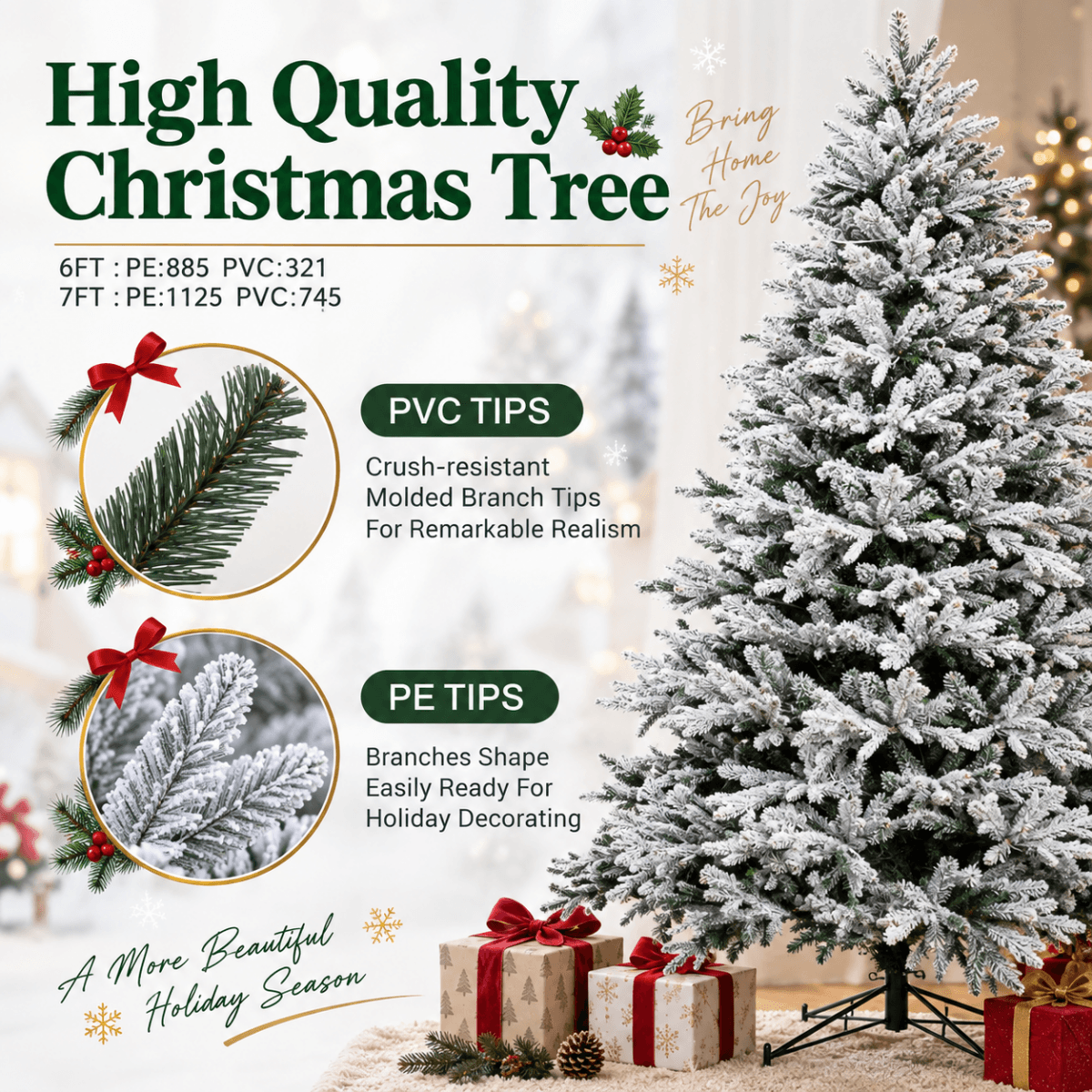 Snow-Flocked Artificial Christmas Tree - Realistic Green Xmas Tree with Faux Snow Effect, 7ft/8ft