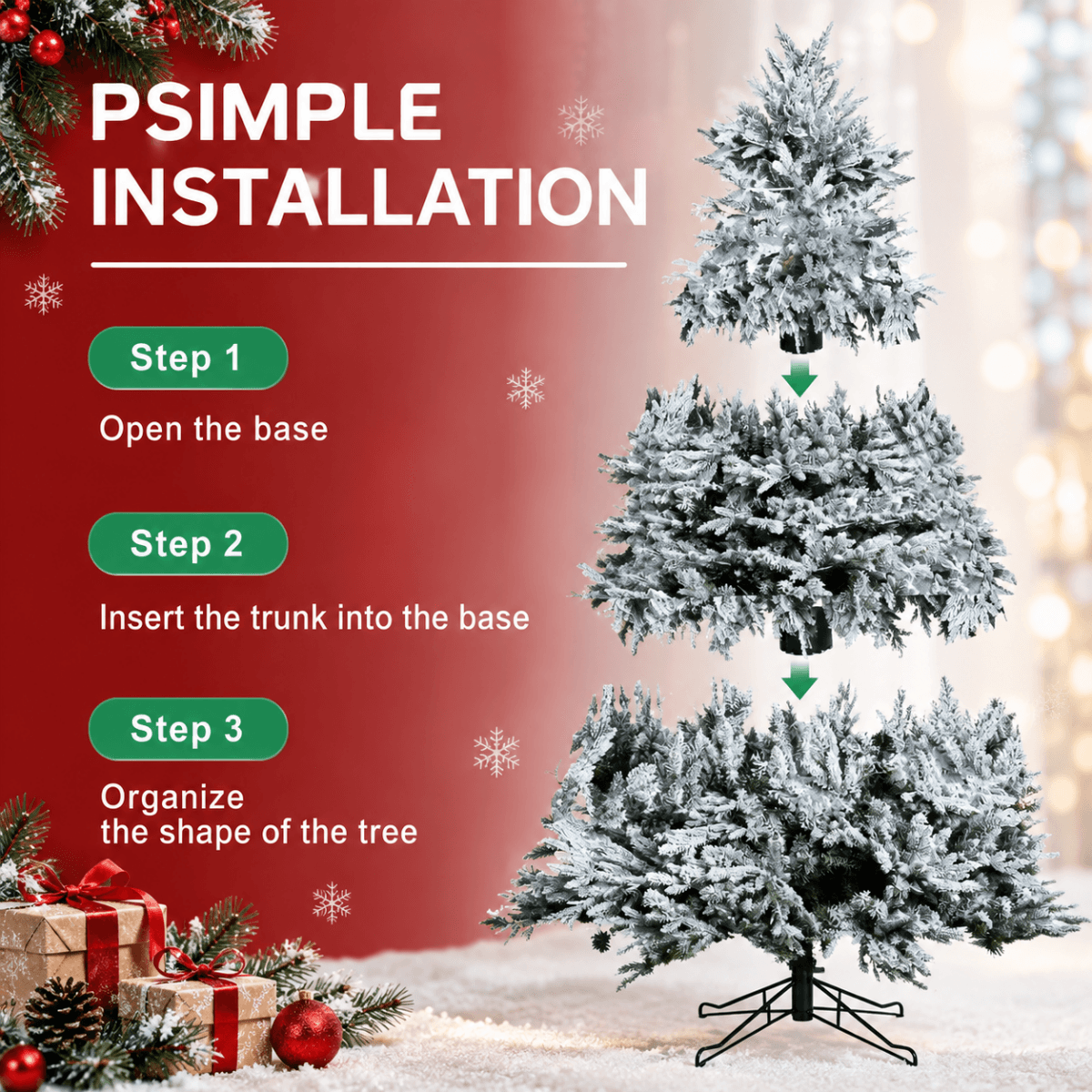 Snow-Flocked Artificial Christmas Tree - Realistic Green Xmas Tree with Faux Snow Effect, 7ft/8ft