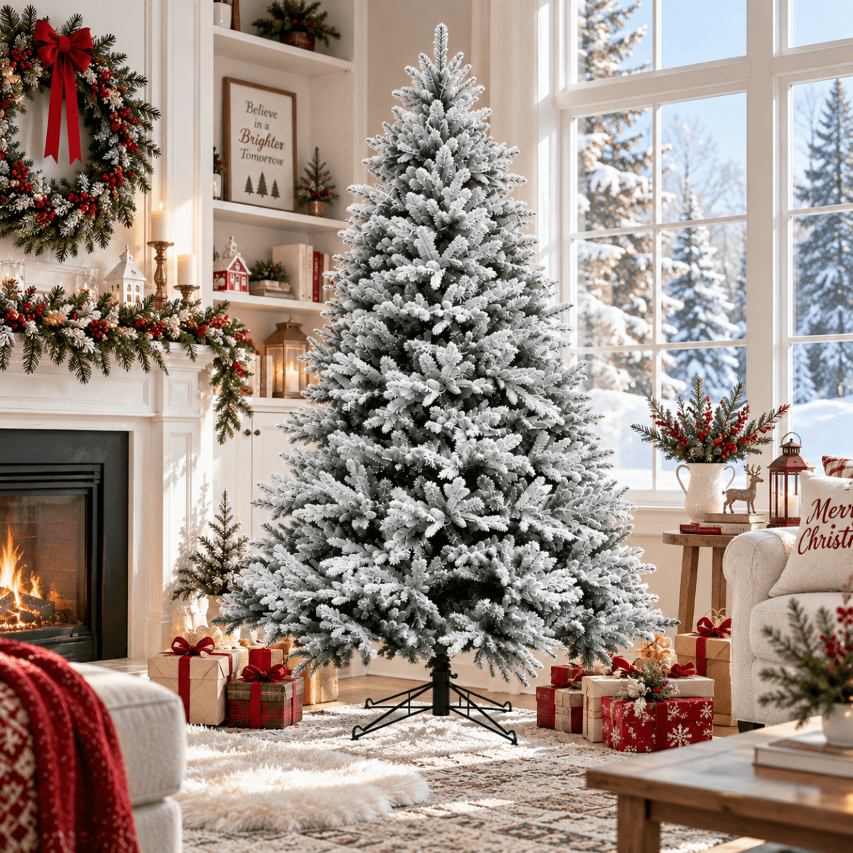 Snow-Flocked Artificial Christmas Tree - Realistic Green Xmas Tree with Faux Snow Effect, 7ft/8ft