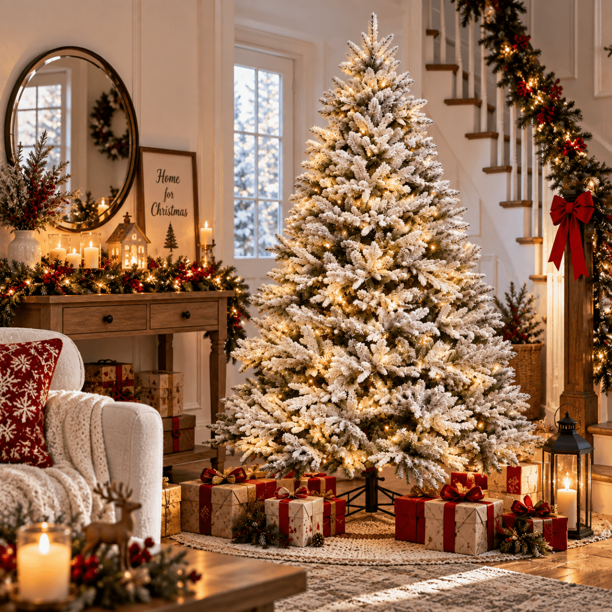 Pre-Lit Flocked Christmas Tree - Artificial Snow-Flocked Christmas Tree with Built-in Lights