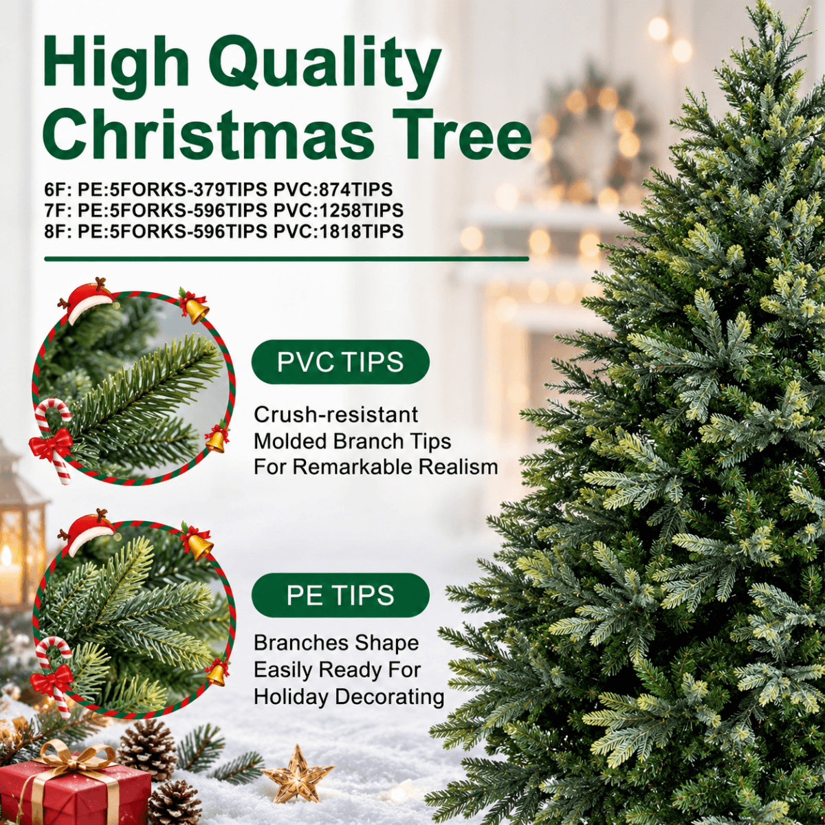 Lush Full Green Artificial Christmas Tree - Realistic Xmas Tree for Festive Home Decoration, 7ft/8ft/9ft