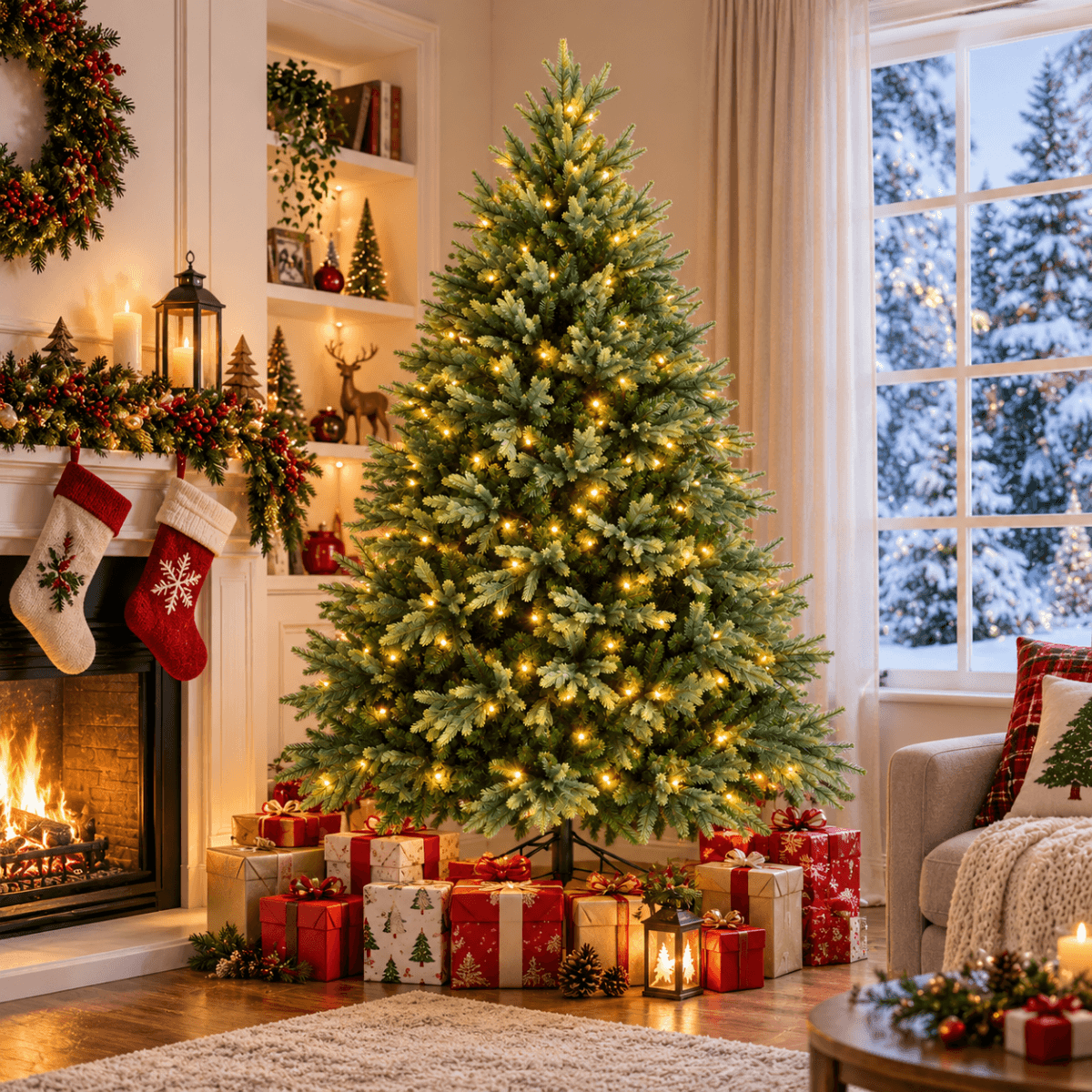 Lush Full Green Artificial Christmas Tree - Realistic Xmas Tree with Pre-Lit LED Lights for Festive Home Decoration, 6ft/7ft/8ft