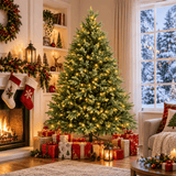 Lush Full Green Artificial Christmas Tree - Realistic Xmas Tree with Pre-Lit LED Lights for Festive Home Decoration, 6ft/7ft/8ft