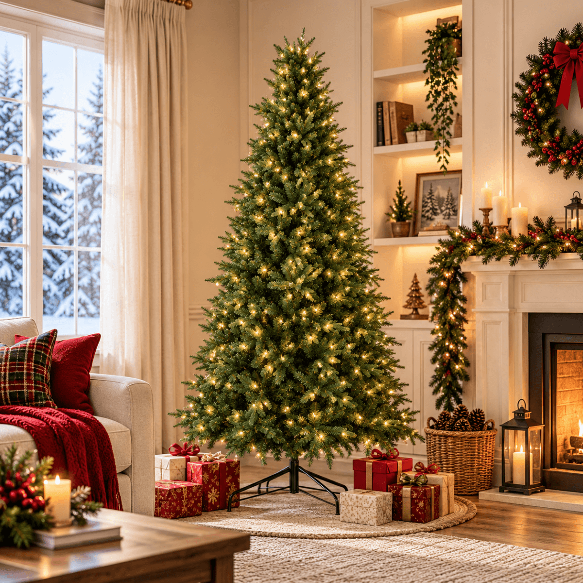 Pre-Lit Artificial Christmas Tree - Realistic Full Green Xmas Tree with LED Lights for Indoor Home Decoration