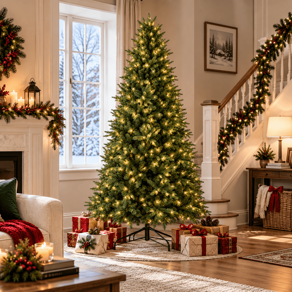 Pre-Lit Artificial Christmas Tree - Realistic Full Green Xmas Tree with LED Lights for Indoor Home Decoration
