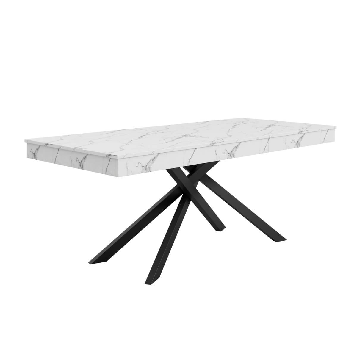 Extendable Dining Table for 6-8 - Modern Table with Marble Effect Tabletop & Metal Cross Legs, Rectangular Kitchen & Dining Room Table, White