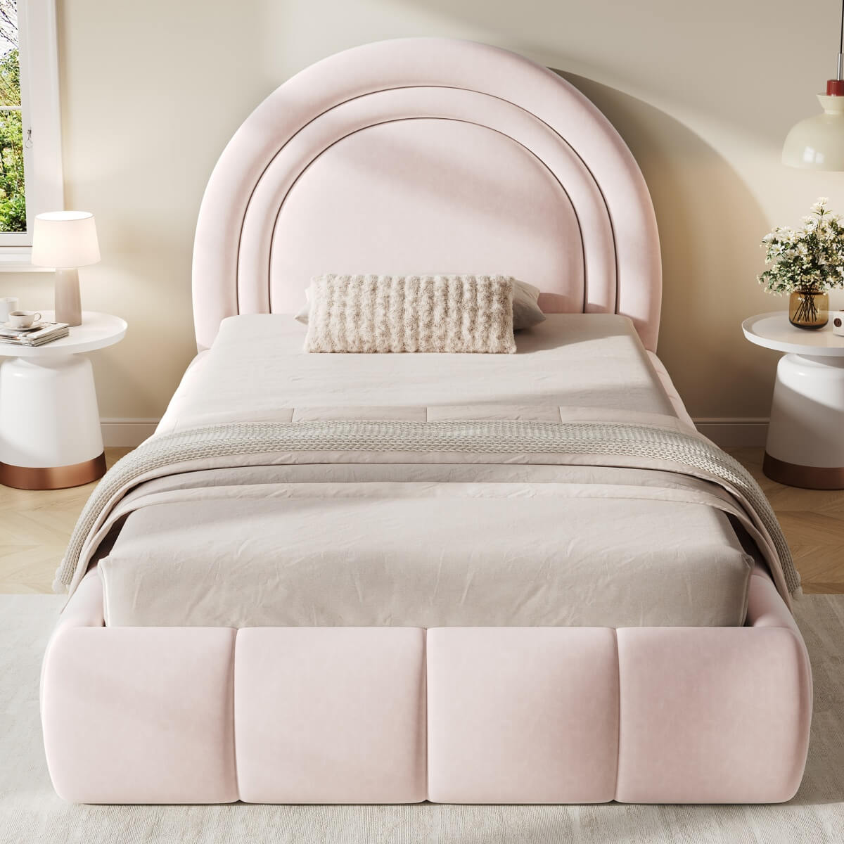 3ft Single Velvet Ottoman Bed - Upholstered Storage Bed with Headboard, Pink