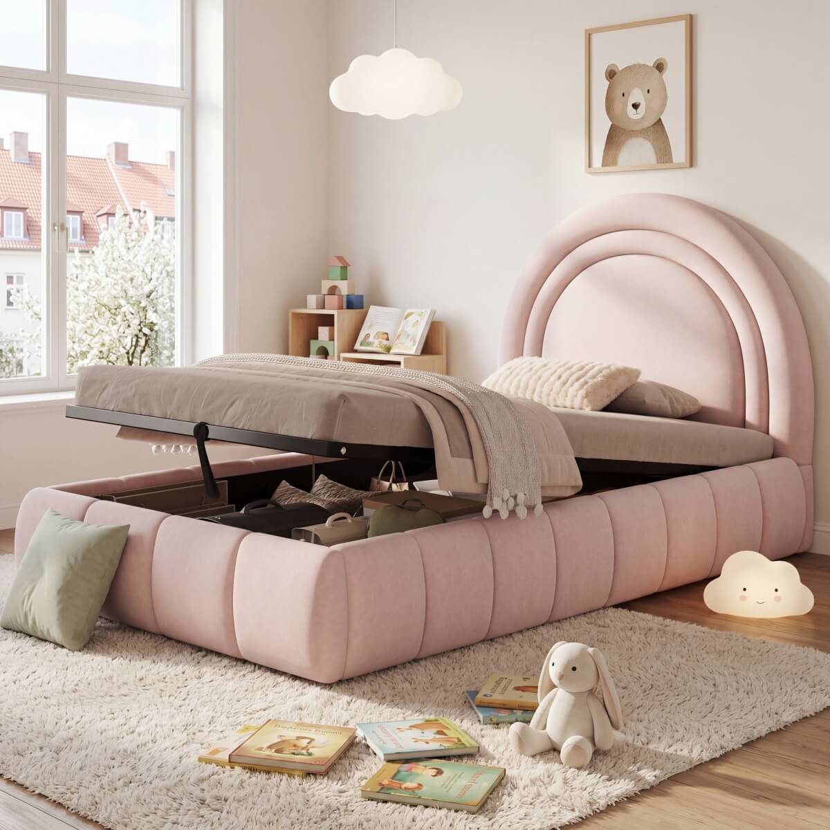 3ft Single Velvet Ottoman Bed - Upholstered Storage Bed with Headboard, Pink